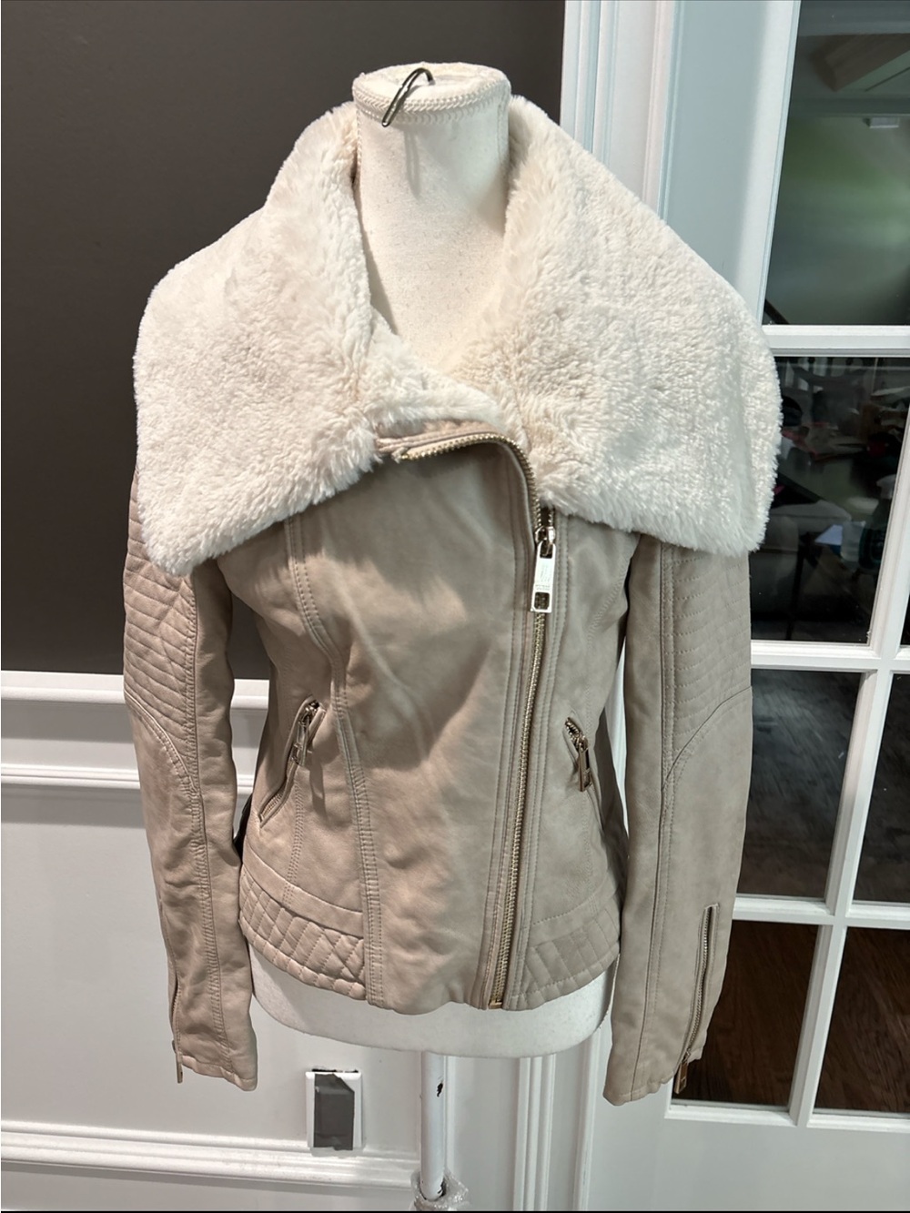Guess Cream Faux-Shearling Collar Faux Leather Moto Jacket
